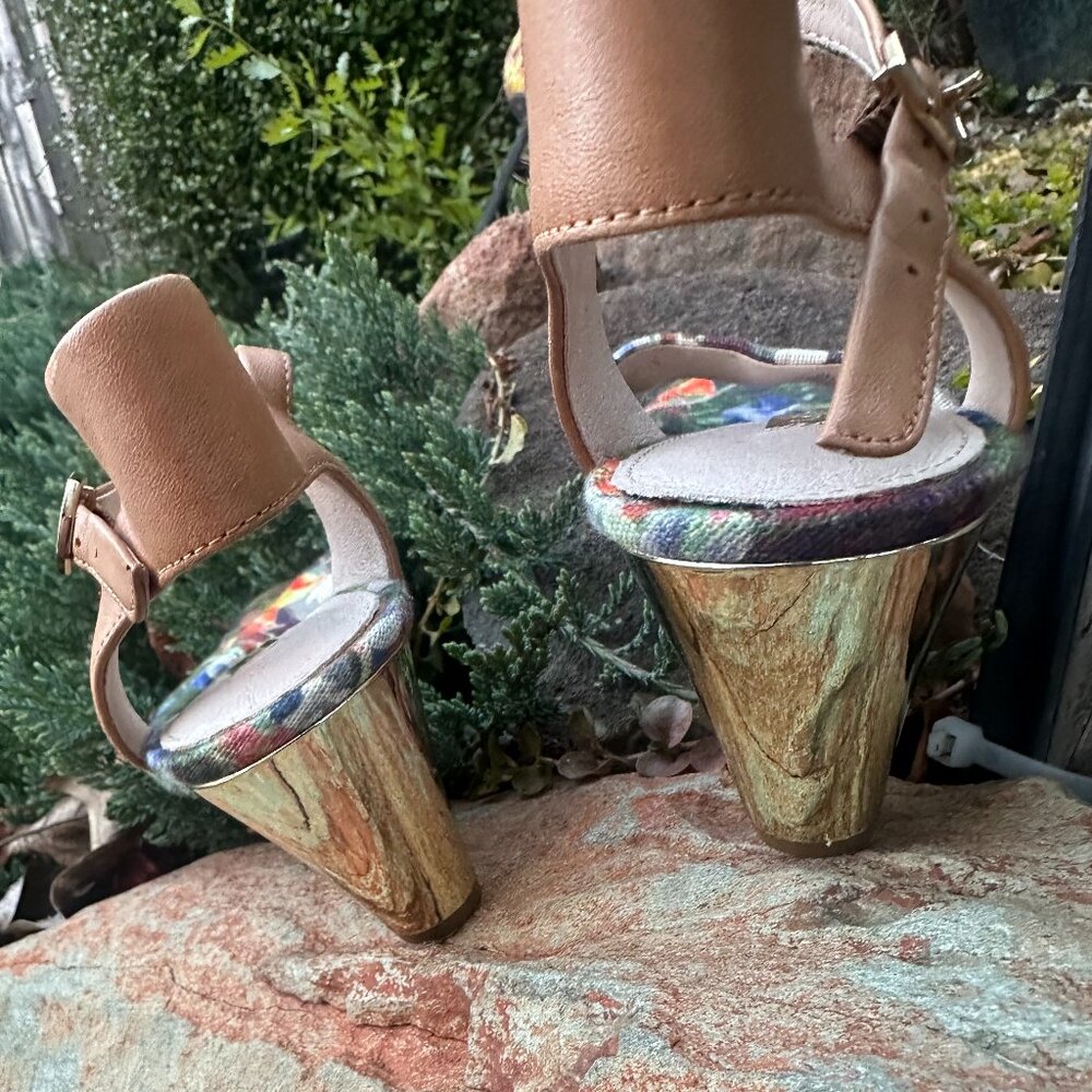 Louise et Cie Floral Wedge Heels | Gold Heel Leather Ankle Strap Sandals Size 6 - Picture 7 of 10